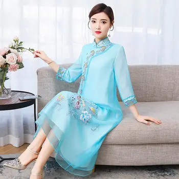 Pomlad in Poletje Kitajski Slog ženska Oblačila Novo Ohlapno Temperament Dolgo Elegantno Cheongsam Vezenje Obleko Qipao Lady r183