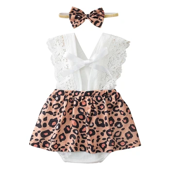 Poletje Newborn Baby Dekle Oblačila Bombaž iz Enega kosa Leopard Moda Jumpsuit Obleka, naglavni Trak 2Pcs za Malčke Dekliška Oblačila