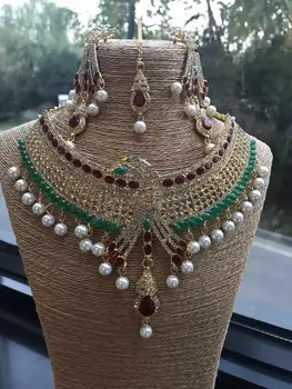 Indija slog Ogrlica, Uhani Headdress nakit sklopov Poročne svate Ogrlica Kaplja Vode Tip Zlato Kristalno Poročna Darila