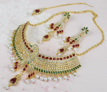 Indija slog Ogrlica, Uhani Headdress nakit sklopov Poročne svate Ogrlica Kaplja Vode Tip Zlato Kristalno Poročna Darila