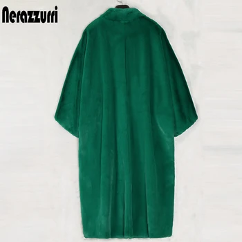 Nerazzurri Prevelik dolgo zeleno puhasto specializiranimi za umetno krzno plašč ženske bat rokav z mongolsko krzno žepi Krznen coats Plus velikost moda