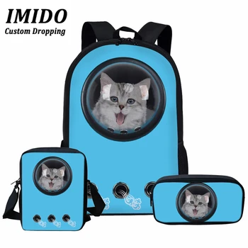 Študent Bookbags Modra Astronavt Pet Prevoznik 3D Mačka Tiskanja Šolsko Torbo 3pcs za Dekleta, Otroci Najstniških Nahrbtnik Mochila Zvezek