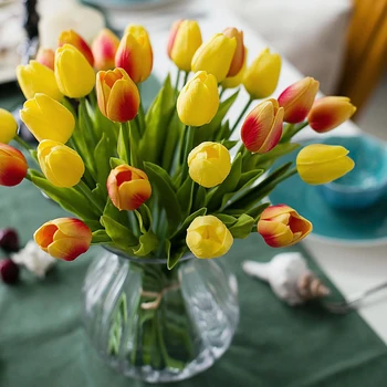 10pcs PU Mini Tulipanov Cvet Veje Pravi Dotik Poročni Šopek rož Umetne Svile Tulipani Cvetje za Domačo zabavo Dekoracijo