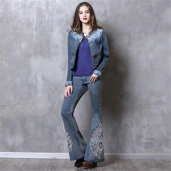 Jeseni, Pozimi Visoke Kakovosti Vintage težka vezenje Flare Elastične Hlače Jeans Nove Preprosto priložnostne Ženske Kavboj Denim jeans Hlače