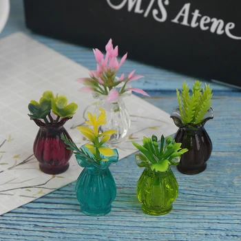 5pcs Lutke Miniature 1:12 Pisane Mini Keramični Lonec DIY Ročno Lutka House Kuhinja Keramika Decora vaza+cvet