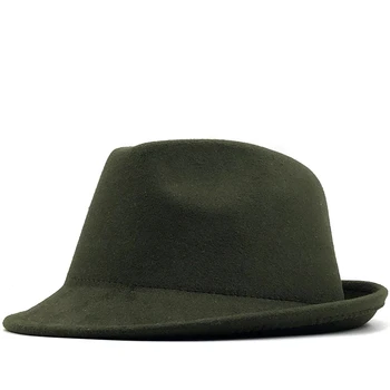 Preprosto zeleni Volne klobučevine Kavbojski Klobuk Jazz Skp Trend Trilby Fedoras klobuk Panama skp chapeau pasu za Moške, Ženske 56-58 CM
