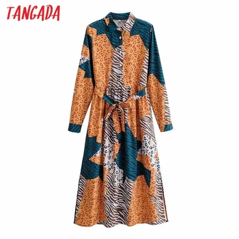 Tangada 2020 Moda za Ženske Leopard Tiskanja Shirt Obleko z Dolgimi Rokavi Urad Ženske Midi Obleko S Poševnico 2F158