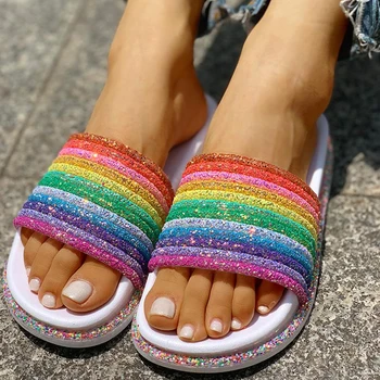 Poletje Copate Sije Mavrica Strani Nove Feamle Debelo dno Prostem Plažo, natikači Ženske sandale Zapatos De Mujer