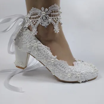 2020 Bele Čipke poročni čevlji Bridesmaid, Obleka, čevlji, Debele Nagnila 6.5 cm Med Peto Čevlji Čipke-Up čevlji ženski cvet Črpalke