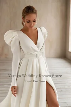Verngo Preprosto Elegantno Saten Poročno Obleko 2021 Dolge Rokave Draped V Vratu Poročne Obleke S Krila Režejo Formalno Oblek Obleko