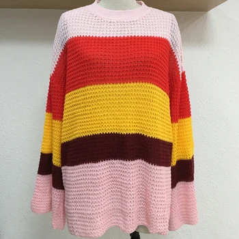 Siskakia ženski Pulover Pulover Dolgo Modno Črtasto Rainbow Barva Blok pletene Vrhovi Svoboden Plus Velikost Streetwears Padec 2019
