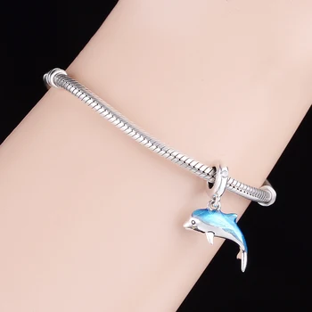 925 Sterling Srebro Svetleč Dolphin Visijo Čare Kroglice Fit Original Kača Čar Zapestnico DIY Nakit za Ženske, Darilo berloque