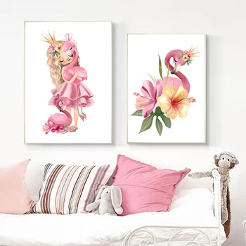 Nordijska plakat roza krono baby dekle Flamingo cvet wall art barvanje in tiskanje Vrtec Steni Sliko otroški sobi doma deco