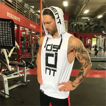 Bombaž Vrhovi Tank Hoodie Fitnes Mens Bodybuilding Trening Tee moda Mišice Moški Activewear Rdeča črna bela Hooded Vrhovi Tank