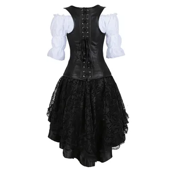 Plus Velikost 6XL Steampunk Korzet Obleko za Ženske, Tri-kos Usnja Korzet z Krilo in Renesanse Majica Gothic Pirat Noša