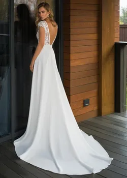Elegantno Saten Proti-vrat A-linijo Poročnih Oblek 2021 Novo Boho Poročne Halje Backless Vestido de noiva Plus velikost Poročno Obleko