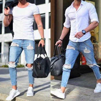 Moški Priložnostne Luknjo Jeans, Moda Stretch Uničeno Raztrgane Hlače Moški Modni Zadrgo Skinny Kavbojke Moški Ulične Nove Hlače