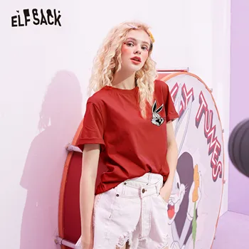 ELFSACK Rdeče Risanka Tiskanja Backless Priložnostne Ženske Majice 2020 Poletje ELF Black Kratek Rokav korejske Ženske Dnevno Osnovne Srčkan Vrhovi