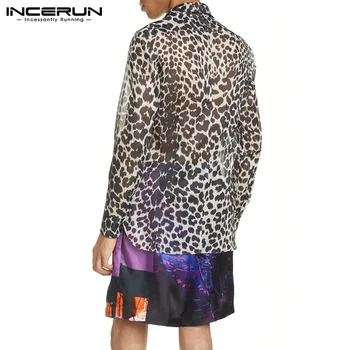 Moda Leopard Tiskane Majice Moške Očesa Žepi Camisa Dolg Rokav River Gumbi Blusas INCERUN Glejte Skozi Tanko Vrhovi Plus Velikost