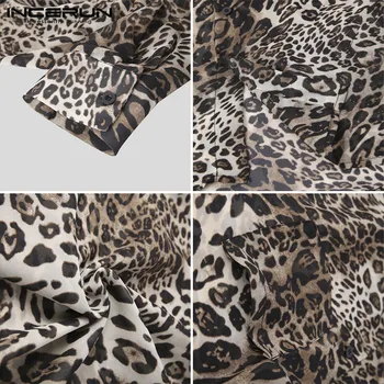 Moda Leopard Tiskane Majice Moške Očesa Žepi Camisa Dolg Rokav River Gumbi Blusas INCERUN Glejte Skozi Tanko Vrhovi Plus Velikost