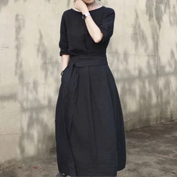 Maxi Boho Obleko 2019 Jeseni Korejskem Slogu Trdna Ženske Kolena Stranka Črno Obleko Bombaž Perilo A-Line Vestido Japonska Dekleta Obleke