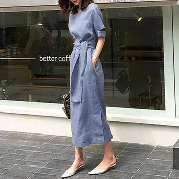 Moda Preprosto Elegantno Korejski Dolga Obleka Ženske Poletje Urad Ženske Vzročno Maxi Modre Obleke 2020 Elegantne Ženske Obleke Nove
