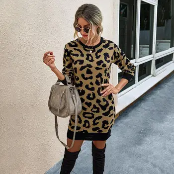 Nov Pulover Obleko Z Dolgimi Rokavi Jeseni, Pozimi Elegantne Dame Leopard Pletene Obleke Toplo Urad Trendovska Oblačila Za Ženske Padec