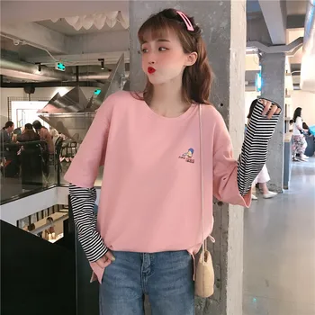 2020 pomlad harajuku long Sleeve majica s kratkimi rokavi Ženske Hip-hop ulične Tees korejski trak risanka natisni T-majice Dekleta roza bela vrh