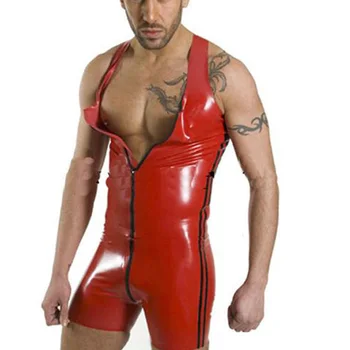 Catsuit Umetno Usnje Moških Jumpsuits Rdeče Stretch PVC Bodysuits Seksi Bodycon Odprite Mednožje Zadrgo Erotično Usnje Ropstva Boksarice