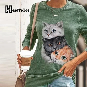 Moda Risanke Mačka Tiskanja Priložnostne Slim T-Ženske Majice Dolg Rokav O-vratu Kratek Jeseni Tee Vrhovi