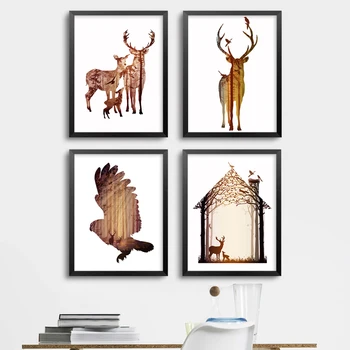 Nordijska Povzetek Jelena Družine Živali, Platno, Slike Živali Plakati, Tiskanje Wall Art Slike za Dom Dekor Padec Ladijskega prometa