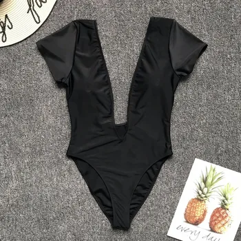 Globoko v vratu kopalke 2019 ženske kratek rokav black seksi enodelne kopalke visoko rez bikini kopalke ženske Backless monokini
