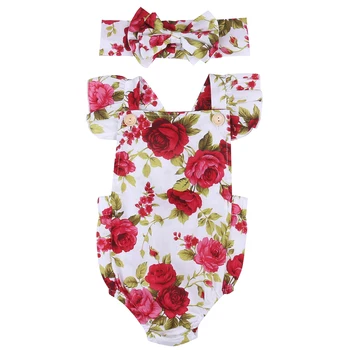 2020 Moda Srčkan Newborn Baby Bodysuits Dekleta Obleke Cvet Jumpsuit + Glavo Obleke Malo Princesa Bombaž Oblačila
