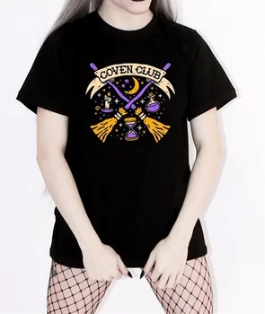 Kuakuayu-JF Ženske Vintage Moda Coven Klub T-Shirt Grunge Čarovnica Črna Tee Gothic Halloween Oblačila