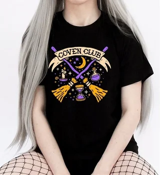 Kuakuayu-JF Ženske Vintage Moda Coven Klub T-Shirt Grunge Čarovnica Črna Tee Gothic Halloween Oblačila