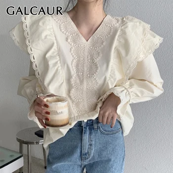 GALCAUR Elegantne Majice Za Ženske V Vratu Flare Dolg Rokav Mozaik Čipke Oblikovalec Prevelik Bluze za Ženske do leta 2020 Modnih Oblačil