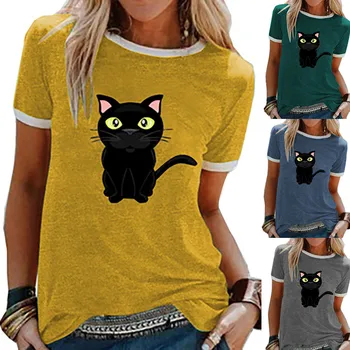 Ženske Poletne Majice, Vrhovi O-vratu Priložnostne Slim Black Cat Mozaik Natisnjeni T-shirt Bombaž Poliester Majice s kratkimi rokavi Ženske Camisetas