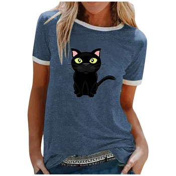 Ženske Poletne Majice, Vrhovi O-vratu Priložnostne Slim Black Cat Mozaik Natisnjeni T-shirt Bombaž Poliester Majice s kratkimi rokavi Ženske Camisetas