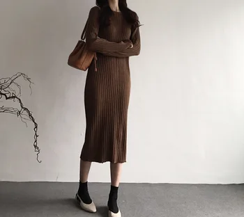2020 Jesen in zimo, pleteno obleko žensk svoboden dolgo koleno dolžina pulover krilo z suknji