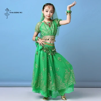 Childern Dekle Ples Trebuh Kostum Obleko Indijski Orientalski Ples Sari Bollywood Bellydance bo Ustrezala Uspešnosti otroci Kovancev Vrh Pasu
