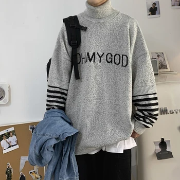 Korejski Modno Črtasto Mozaik Pulover 2020 Plus Velikost Hip Hop Turtleneck Puloverju Kpop Nekaj Oblačila Moda Ulične Moški