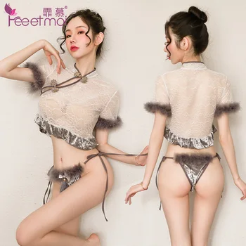 High-end retro Kitajski Republikanski cheongsam split čipke kratek cheongsam bo ustrezala plišastih dekoracijo ženska seksi perilo cosplay obleko