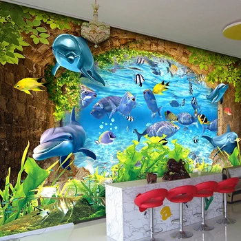 Podvodni Svet Ocean Delfinov, Rib po Meri 3D Fotografije za Ozadje Za Otroke, Soba, Spalnica Stene Vrtec Risanka Stensko Dekoracijo