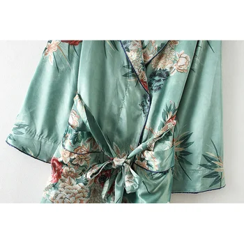 2020 Ženske Novo Vintage Cvjetnim Tiskanja Dolgo Dolg Rokav Design Kimono Jopico Maxi Šal Vrhovi S Pasom Retro Plašč Zelena