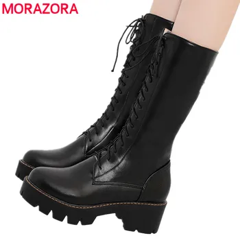 MORAZORA 2020 novo žensk sredi tele škornje čipke platforma čevlji krog toe jeseni, pozimi botas dame čevlji velikost 34-43