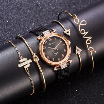 5pc/set Luksuzne blagovne Znamke Ženske Ure Gradient Magnet Watch Sponke Moda Priložnostne Žensko ročno uro arabščine Številko Preprosto Zapestnico