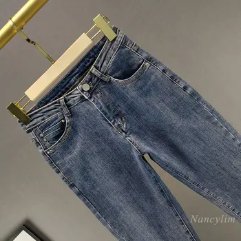 Nosorogovo Skinny Jeans za Ženske 2021 Pomlad Nov Elastična Visoko Pasu, Slim Fit Svinčnik, Moder Denim Hlače Nancylim