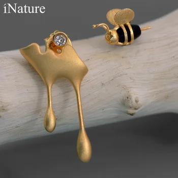 INATURE 18K pozlačeni Sterling Srebro Honey Bee Asimetrične Nakit Uhani