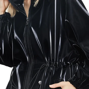Nerazzurri Dolgo črno toplo prevelik sijoče lakasto usnje jarek plašč za ženske z dolgimi rokavi Zip gor padec moda 2020 Windbreaker
