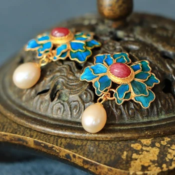 Original oblikovalec obrti Cloisonne pozlačenega svile Ruby Biser Uhani Kitajski retro slogu palace edinstven čar ženske srebrni nakit